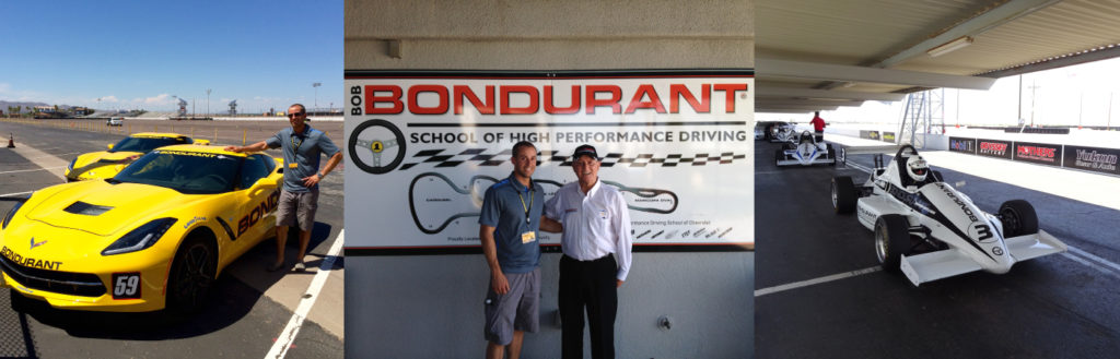 A brand new Stingray, me and Bob Bondurant, and a Formula Mazda racecar.
